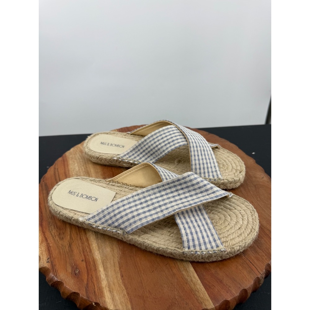 Mus‎ & Bombon Espadrille Slides Womens 39 Blue White Gingham Crisscross Sandals